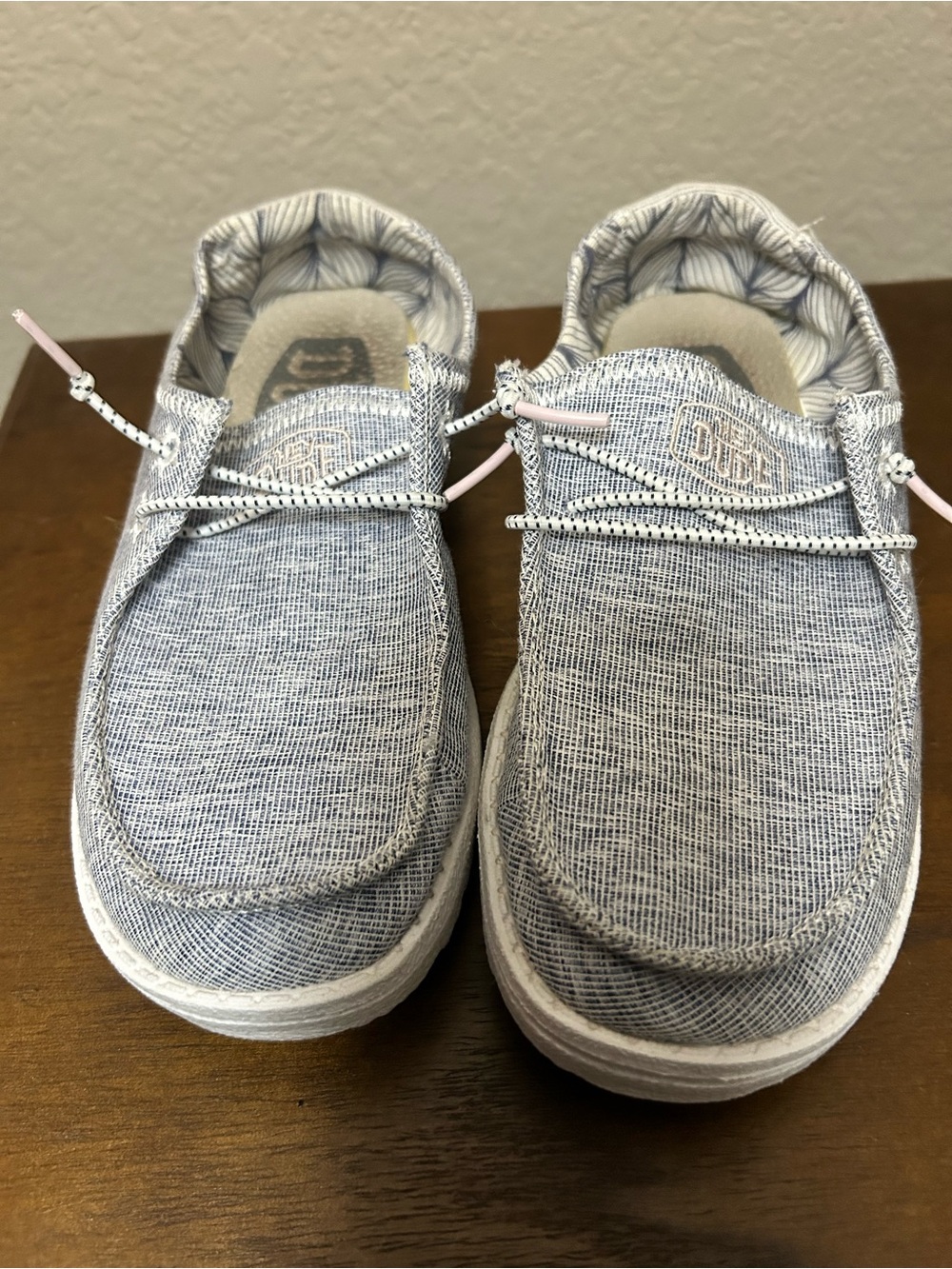 Hey Dude Slip-Ons Blue and White with Pink accents. Youth Size 4 - Picture 7 of 7